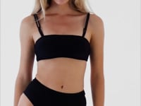 Load and play video in Gallery viewer, Video: Rio De Sol Set Set Shimmer-Black Bandeau-Reto Hotpants
